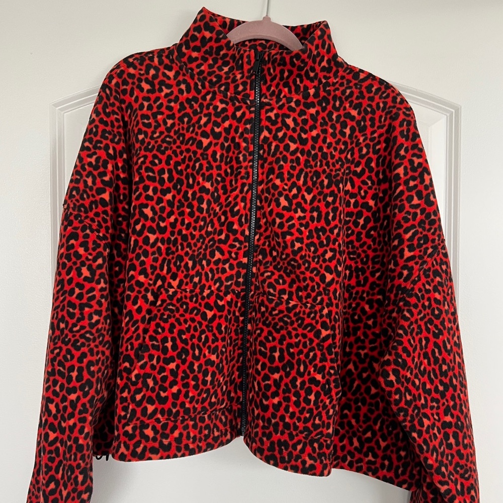 Fabletics Leopard Print Fleece Crop Zip Up Jacket - image 1